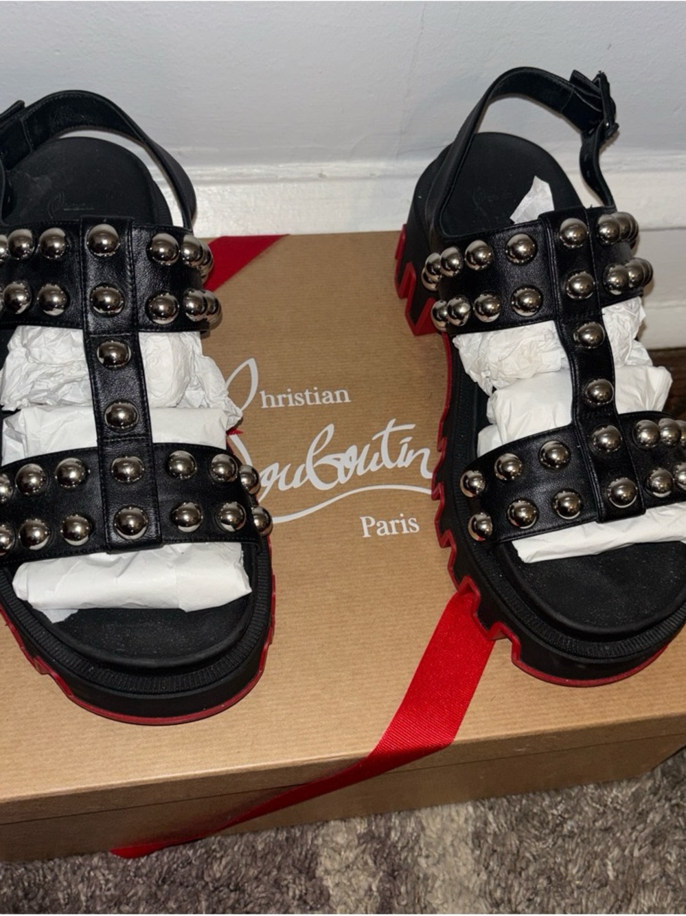 Christian Louboutin Black Studded Platform Sandals with Red Soles